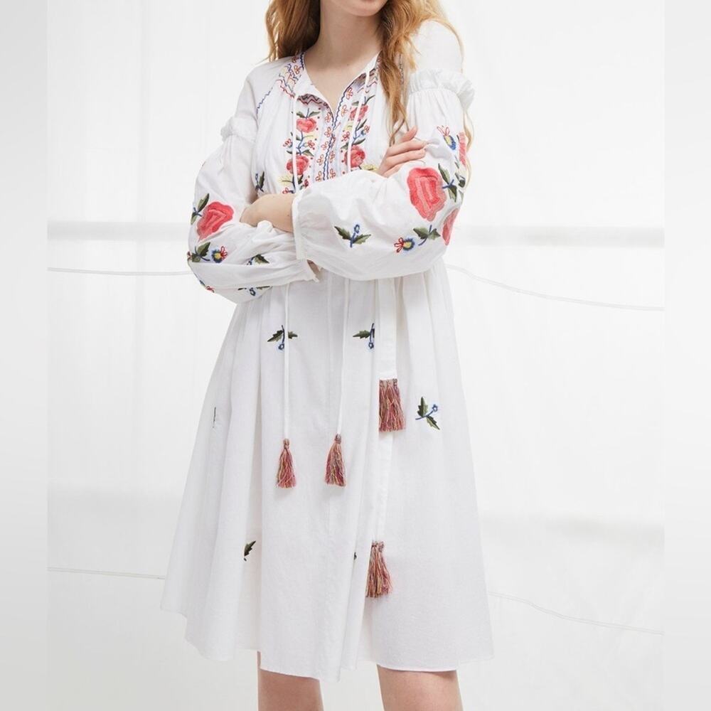 French Connection Edessa Cotton Folk Embroidered Smock Dress Size 2 NWT $228